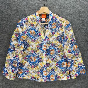 Hearts Of Palm Top Women 4P Petite White Geometric Button Up V-Neck Long Sleeve